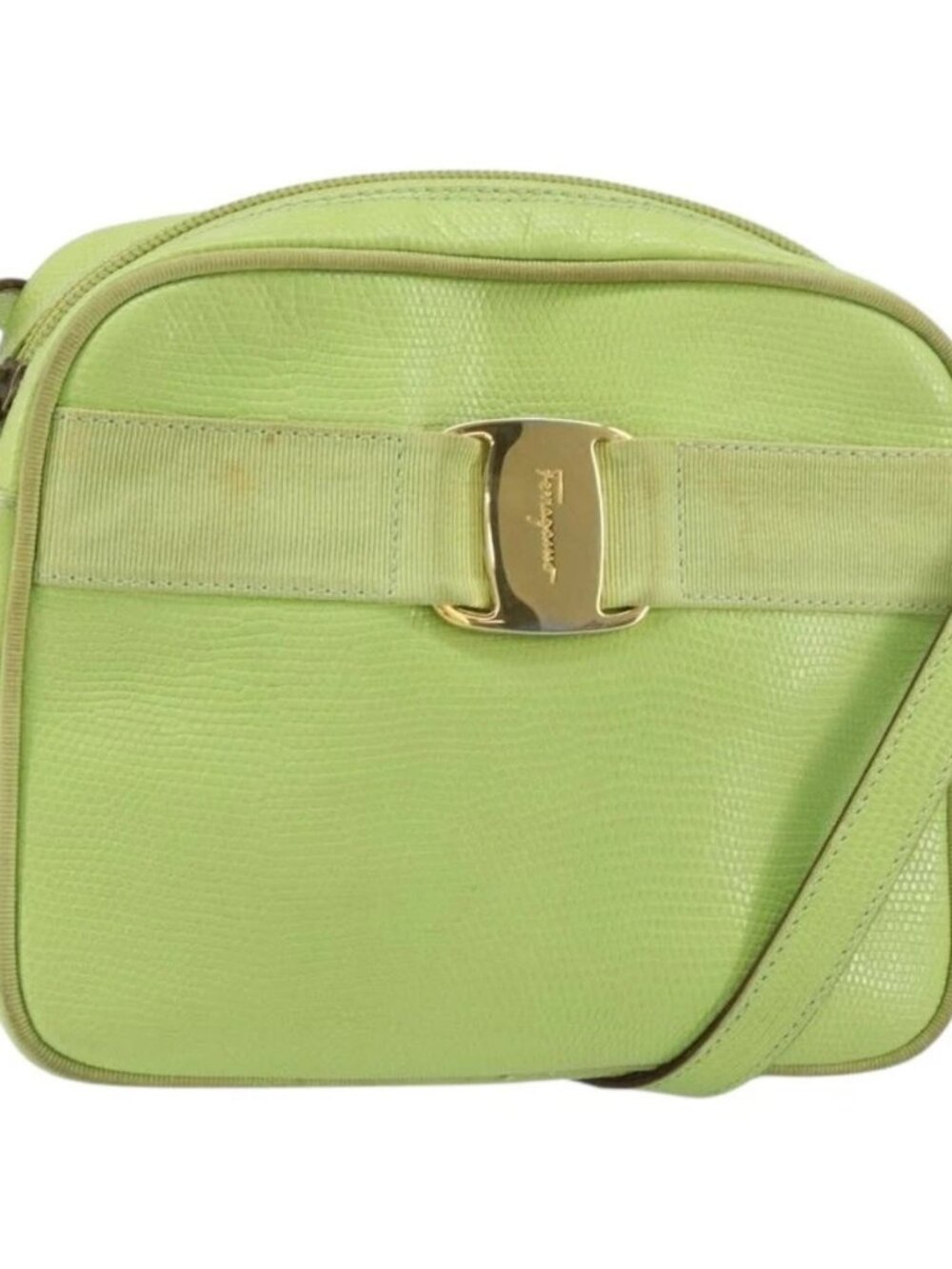 Salvatore Ferragamo Vala Shoulder Bag Leather Embossed Green Gold Auth BA8918